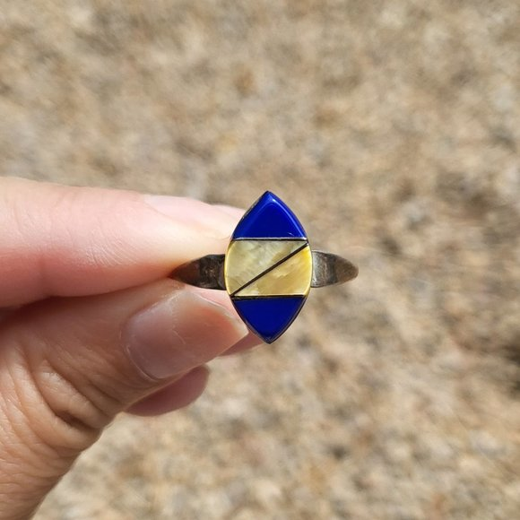 Native American Vintage Lapis and Mother of Pearl‎ Inlay Ring Handmade Jewelry - Picture 1 of 13